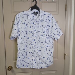 Brooklyn State Mens Button Front Shirt Size 4XL Blue White Short Sleeve Stars